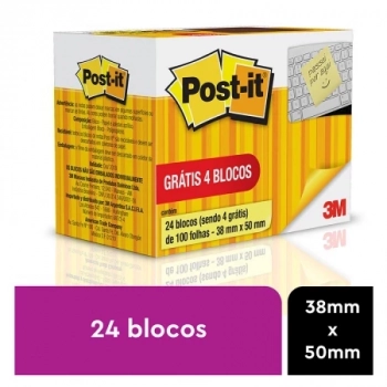 Bloco Adesivo Post-it 3m 38x50mm Amarelo 20un + 4un Grtis